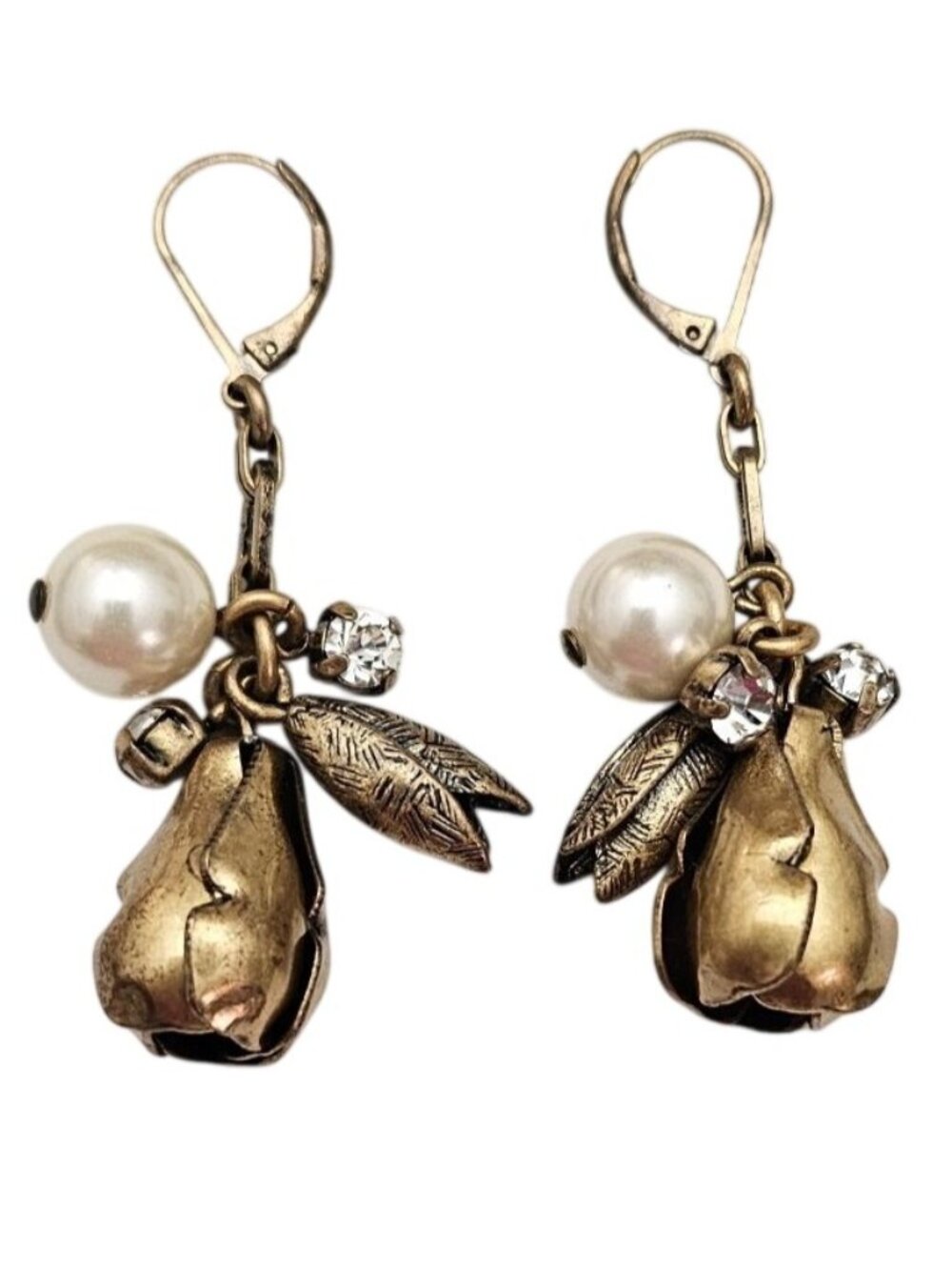 J. Crew Brassy Tulip Faux Pearl Rhinestone Charm Dangle Earrings Lever Back J823
